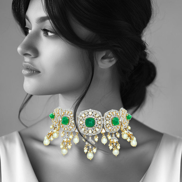 Emerald and Polki Choker with Pearls